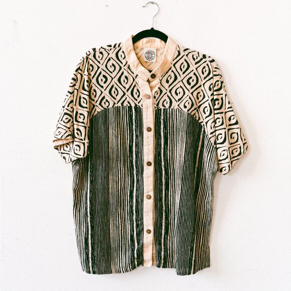 Vintage 80s/90s Produce Company Tribal/Geometric Button-Down w/ Mandarin Collar - Picture 1 of 4